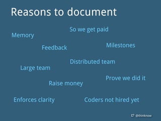 @thinknow
Memory
So we get paid
Raise money
Distributed team
Feedback
Prove we did it
Large team
Milestones
Coders not hired yetEnforces clarity
Reasons to document
 