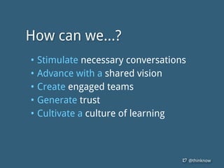@thinknow
• Stimulate necessary conversations
• Advance with a shared vision
• Create engaged teams
• Generate trust
• Cultivate a culture of learning
How can we...?
 