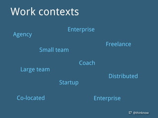 @thinknow
Agency
Enterprise
Startup
Coach
Small team
Distributed
Large team
Freelance
Co-located Enterprise
Work contexts
 