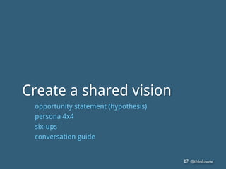 @thinknow
Create a shared vision
opportunity statement (hypothesis)
persona 4x4
six-ups
conversation guide
 