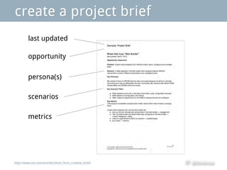 @thinknowAdapted from @jmspool: http://www.uie.com/articles/short_form_creative_brief/
last updated
opportunity
persona(s)
scenarios
metrics
create a project brief
 