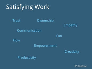 @thinknow
Trust Ownership
Creativity
Empathy
Fun
Empowerment
Flow
Communication
Productivity
Satisfying Work
 