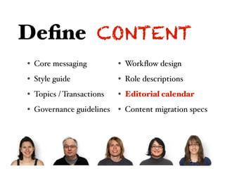 Deﬁne CONTENT
• Core messaging          • Workﬂow design
• Style guide             • Role descriptions
• Topics / Transactions   • Editorial calendar
• Governance guidelines • Content migration specs
 