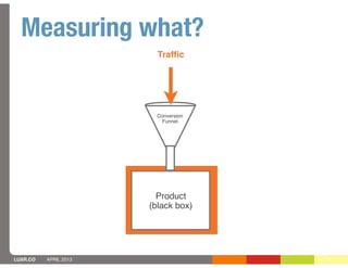 Measuring what?
                         Trafﬁc




                         Conversion
                          Funnel




                         Product
                       (black box)




LUXR.CO   APRIL 2013
 