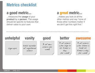 Metrics checklist
   a good metric...                                 a great metric...
   ...measures the usage of your                    ...makes you look at all the
   product by a person. The usage                   other metrics and say “none of
   should be speciﬁc to features that               those other numbers matter if
   deliver value to your user.                      we donʼt get this right ﬁrst.”




 unhelpful              vanity          good           better          awesome
                                                      % of users        % of users
                                        % of new
                       total number                   who sign in       who share a
                                        users per
     sign-ups          of registered                  3+ times a          task 3+
                                          week
                          users                          day,           times a day,
                                                       per week           per week




LUXR.CO   APRIL 2013
 