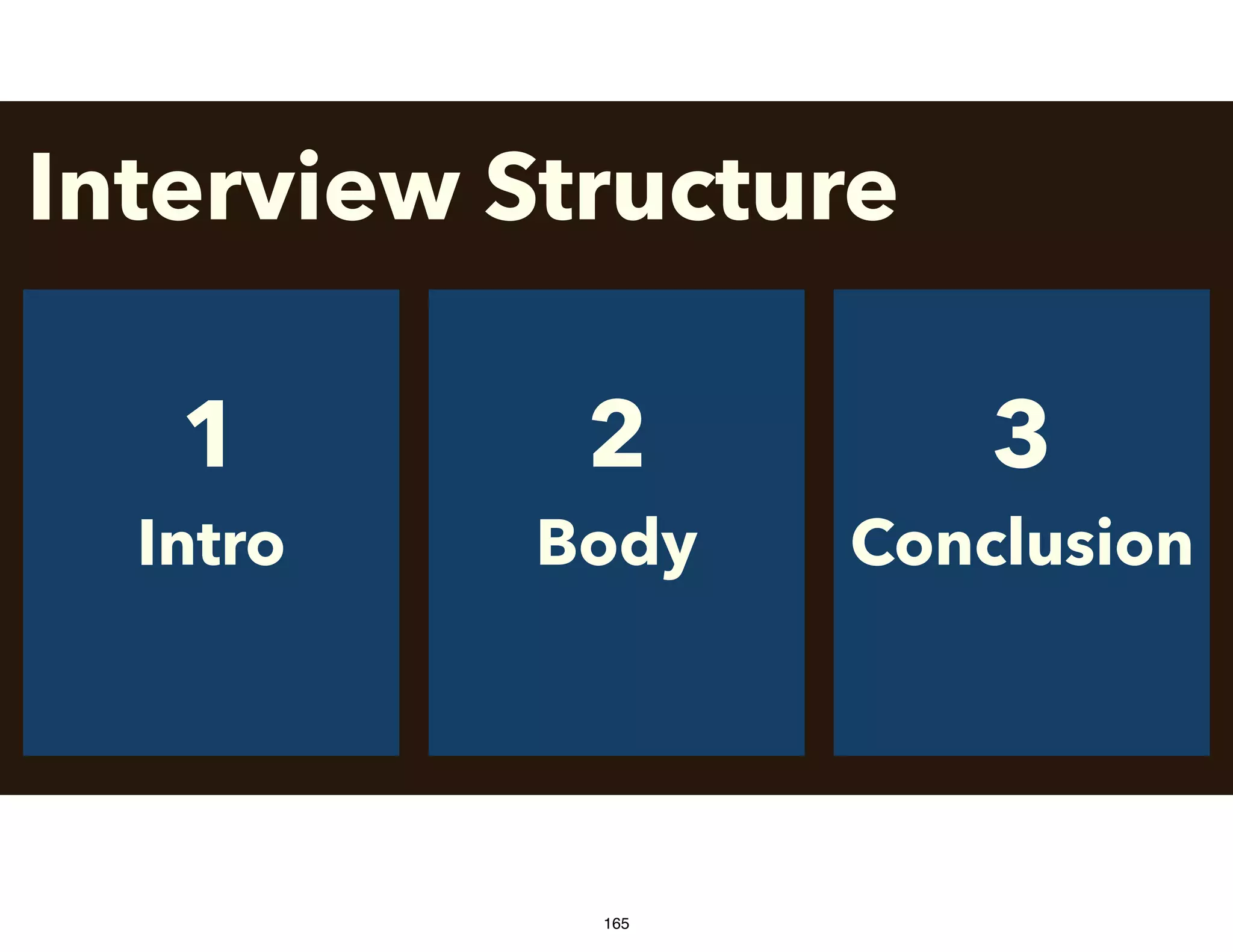 Interview Structure
1
Intro
2
Body
3
Conclusion
165
 