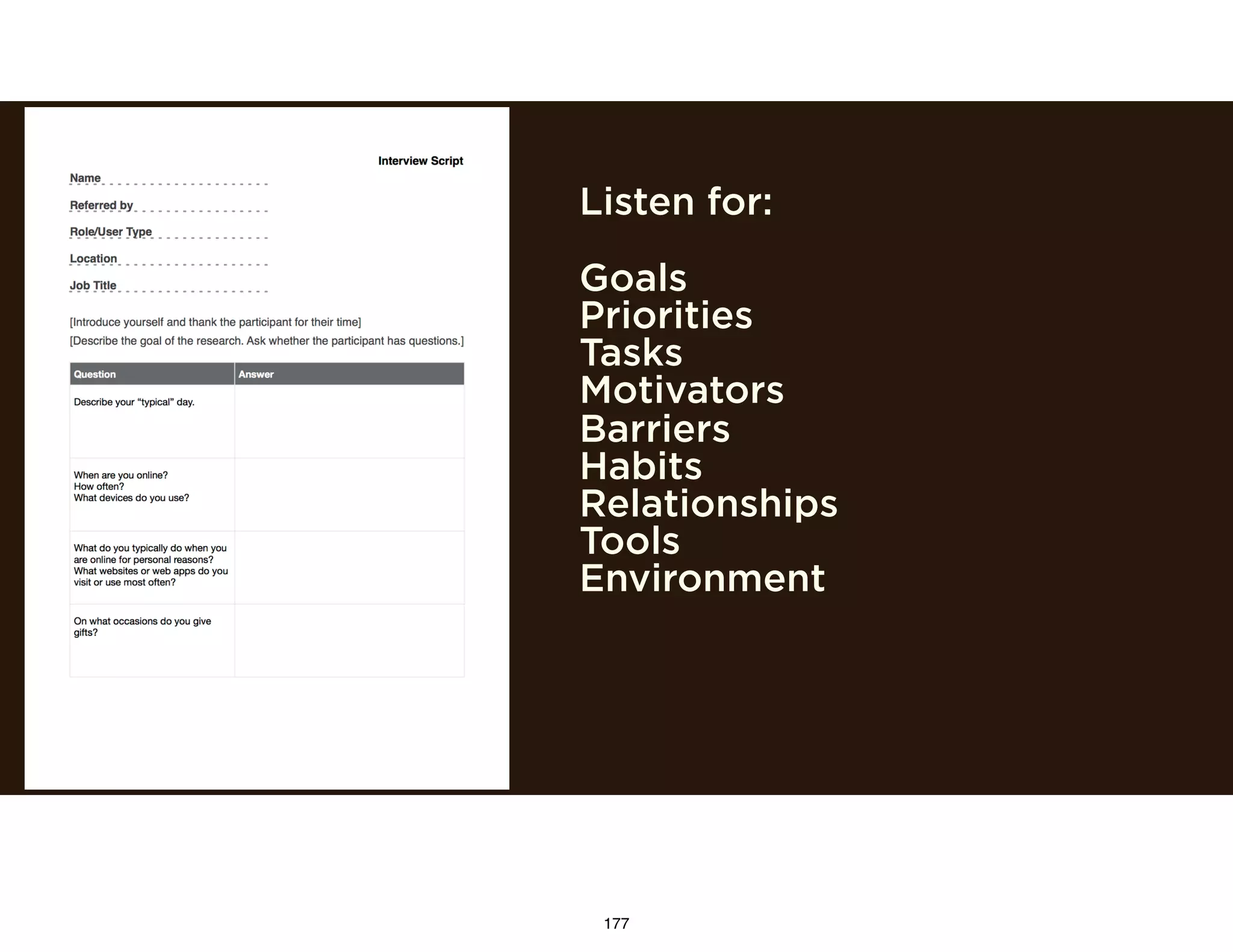 Listen for:
Goals
Priorities
Tasks
Motivators
Barriers
Habits
Relationships
Tools
Environment
177
 