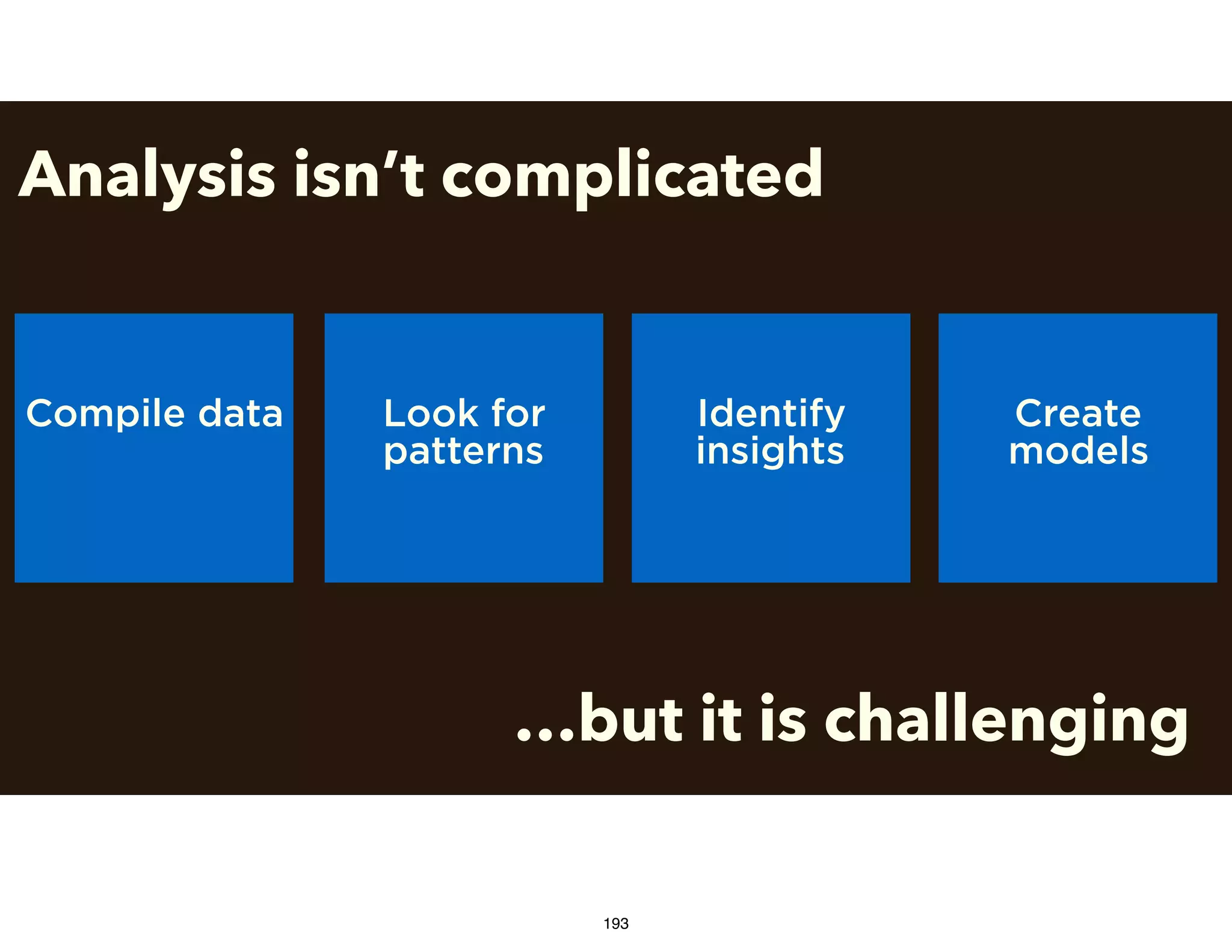 Analysis isn’t complicated
Compile data Look for
patterns
Identify
insights
Create
models
…but it is challenging
193
 