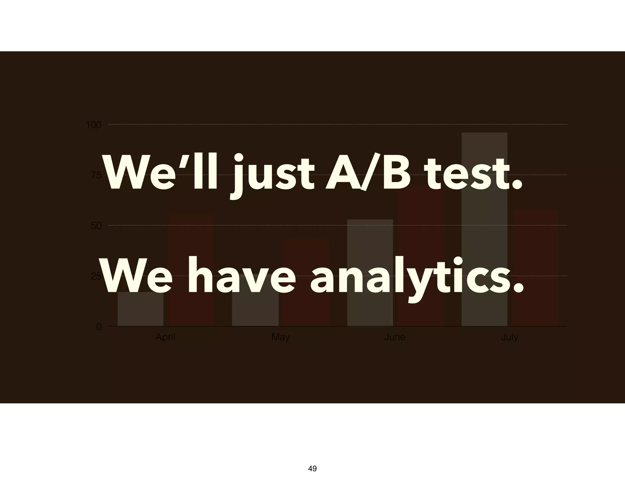 0
25
50
75
100
April May June July
We’ll just A/B test.
We have analytics.
49
 