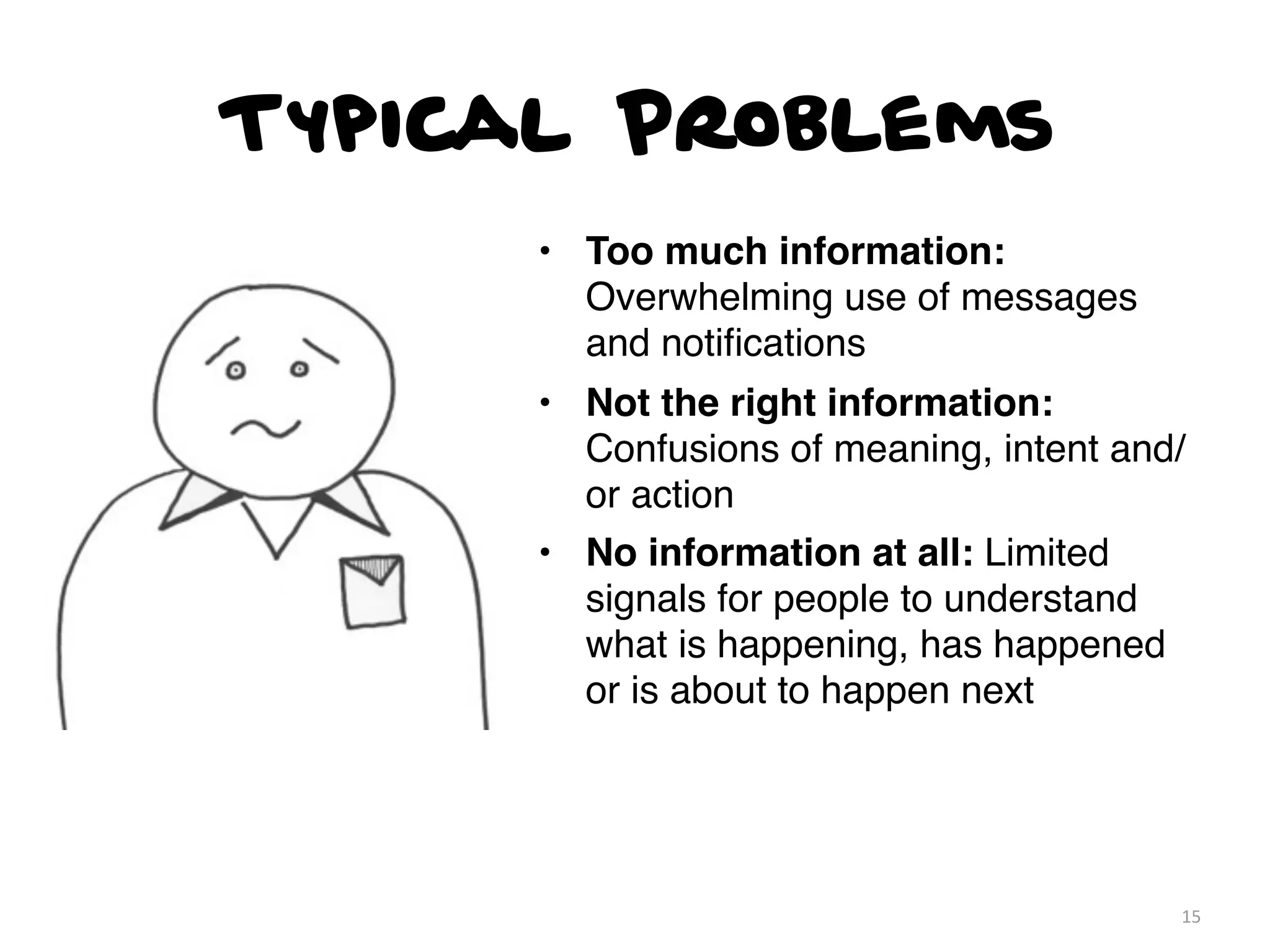 Typical Problems
• Too much information:
Overwhelming use of messages
and notiﬁcations
• Not the right information:
Confusions of meaning, intent and/
or action
• No information at all: Limited
signals for people to understand
what is happening, has happened
or is about to happen next
15
 