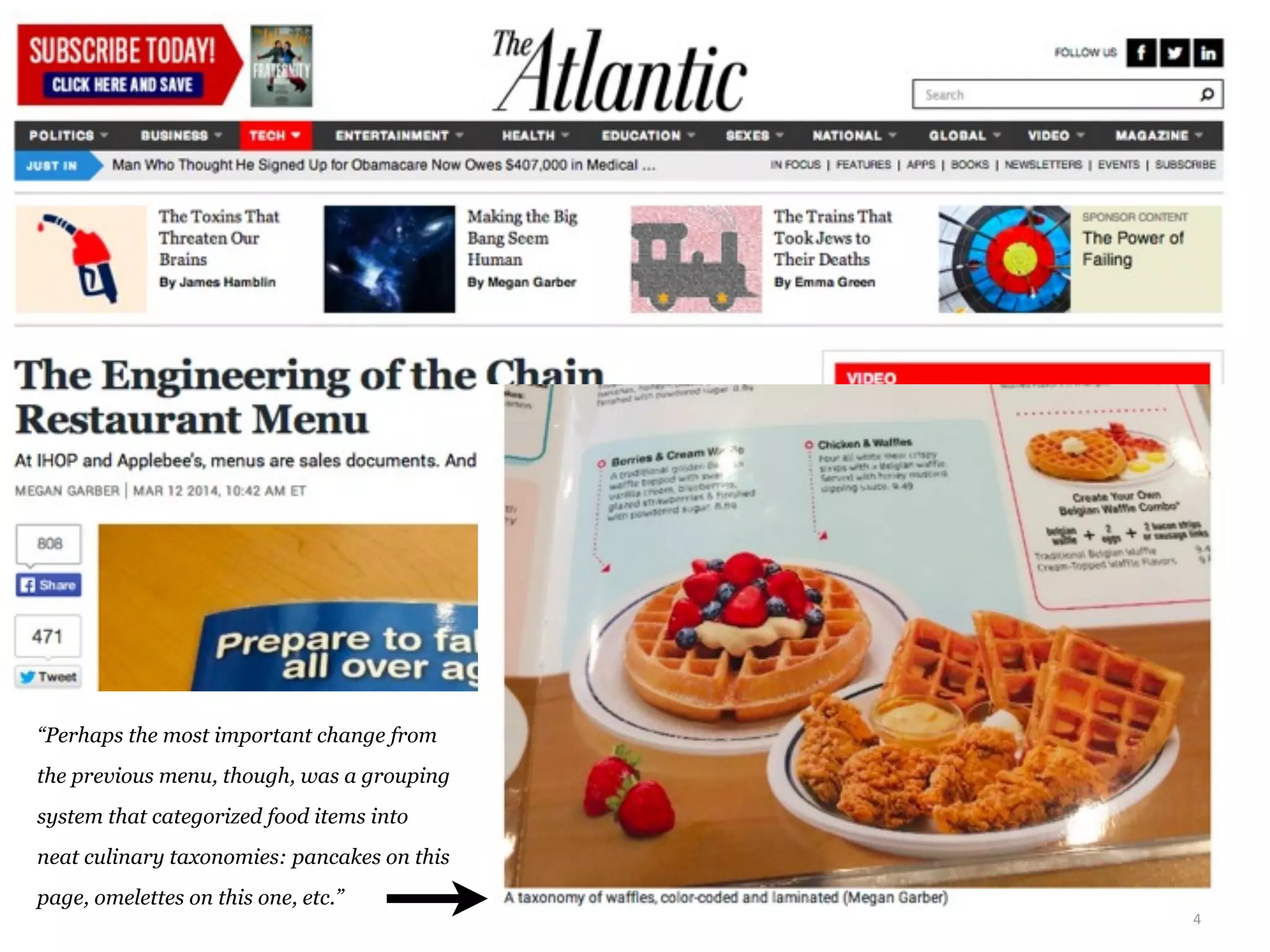4
“Perhaps the most important change from
the previous menu, though, was a grouping
system that categorized food items into
neat culinary taxonomies: pancakes on this
page, omelettes on this one, etc.”
 