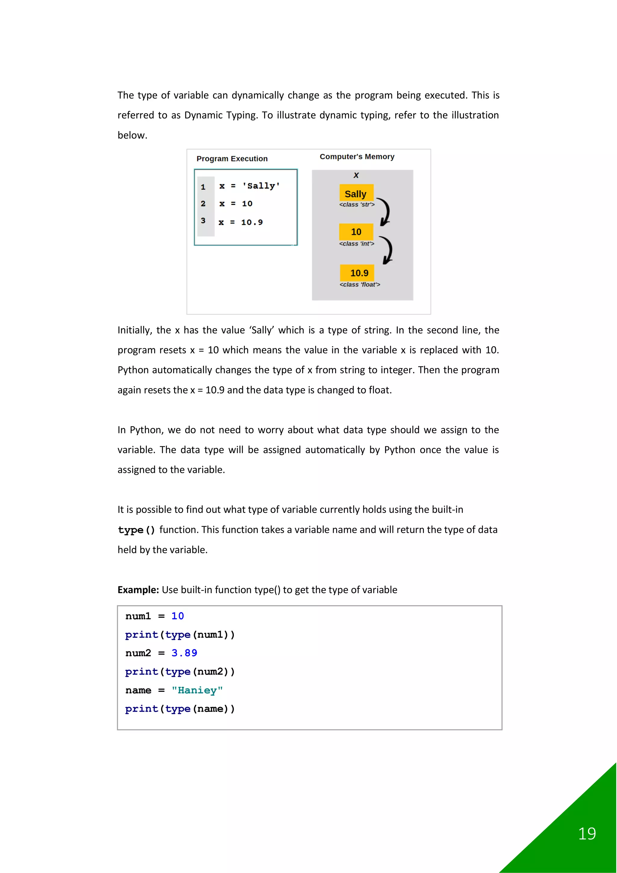19
The type of variable can dynamically change as the program being executed. This is
referred to as Dynamic Typing. To illustrate dynamic typing, refer to the illustration
below.
Initially, the x has the value ‘Sally’ which is a type of string. In the second line, the
program resets x = 10 which means the value in the variable x is replaced with 10.
Python automatically changes the type of x from string to integer. Then the program
again resets the x = 10.9 and the data type is changed to float.
In Python, we do not need to worry about what data type should we assign to the
variable. The data type will be assigned automatically by Python once the value is
assigned to the variable.
It is possible to find out what type of variable currently holds using the built-in
type() function. This function takes a variable name and will return the type of data
held by the variable.
Example: Use built-in function type() to get the type of variable
num1 = 10
print(type(num1))
num2 = 3.89
print(type(num2))
name = "Haniey"
print(type(name))
 