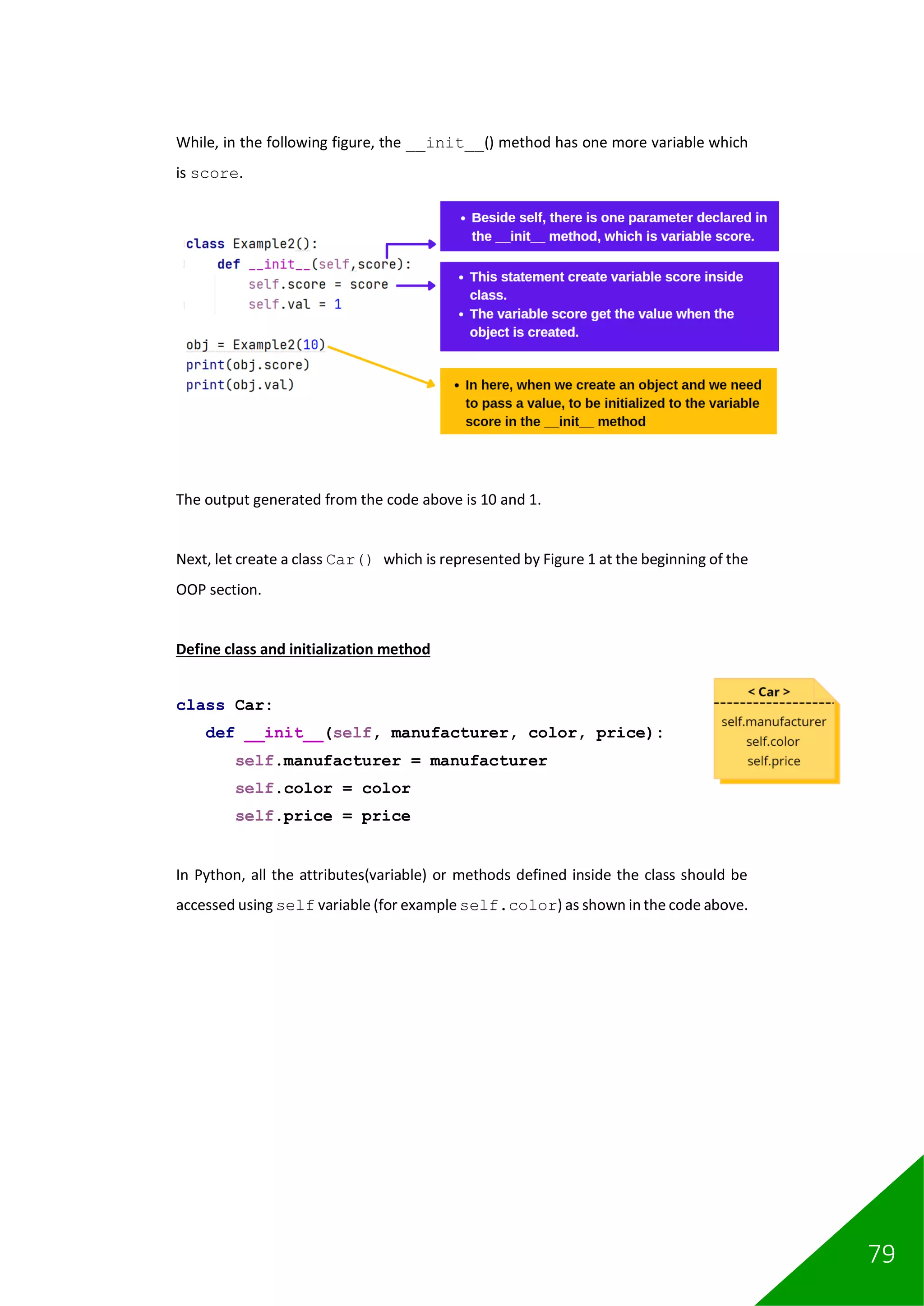79
While, in the following figure, the __init__() method has one more variable which
is score.
The output generated from the code above is 10 and 1.
Next, let create a class Car() which is represented by Figure 1 at the beginning of the
OOP section.
Define class and initialization method
class Car:
def __init__(self, manufacturer, color, price):
self.manufacturer = manufacturer
self.color = color
self.price = price
In Python, all the attributes(variable) or methods defined inside the class should be
accessed using self variable (for example self.color) as shown in the code above.
 