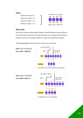 49
Output :
Element at index 0 => 1
Element at index 2 => 5
Element at index -3 => 3
Element at index -1 => 7
Slicing a Tuple
We can slice a tuple using the ranges of indexes, by specifying where to start and where
to end the range. As we know, the index starts from zero and goes till the number of
elements minus one. The range of indexes in a tuple can be positive and negative.
The following diagrams illustrate how the slicing occurs in the tuple.
tuple = (1, 3, 5, 7, 8, 9, 12)
new_tuple1 = tuple[1:4]
tuple = (1, 3, 5, 7, 8, 9, 12)
new_tuple2 = tuple[ :3]
 