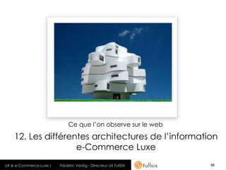 Ce que l’on observe sur le web

    12. Les différentes architectures de l’information
                    e-Commerce Luxe
UX & e-Commerce Luxe /   Frédéric Veidig - Directeur UX FullSIX   98
 