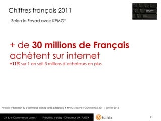 Chiffres français 2011
        Selon la Fevad avec KPMG*




       + de 30 millions de Français
       achètent sur internet
       +11% sur 1 an soit 3 millions d’acheteurs en plus




* Fevad (Fédération du e-commerce et de la vente à distance ) & KPMG : BILAN E-COMMERCE 2011 | janvier 2012



 UX & e-Commerce Luxe /              Frédéric Veidig - Directeur UX FullSIX                                   11
 