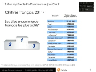 2. Que représente l’e-Commerce aujourd’hui ?


     Chiffres français 2011*

     Les sites e-commerce
     français les plus actifs*




* Fevad (Fédération du e-commerce et de la vente à distance ) & KPMG : BILAN E-COMMERCE 2011 | janvier 2012


 UX & e-Commerce Luxe /            Frédéric Veidig - Directeur UX FullSIX                                     16
 