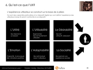 6. Qu’est-ce que l’UX?

     L’expérience utilisateur se construit sur la base de 6 piliers
     Ce sont des capacités particulières d’un dispositif digital qui vont définir l’expérience des
     utilisateurs lorsqu’ils seront confrontés à ce dispositif.




         L’Utilité                       L’Utilisabilité                La Désirabilité
          Qui répond à                    Ergonomie/                     Qui est
          un besoin                       Qui est facilement             attractif, séduisant
                                          utilisable




      L’Emotion                        L’Adaptabilité                     La Socialité

     Capacité à provoquer                 Qui sait évoluer              Qui permet une
     des émotions positives               avec l’utilisateur            expérience sociale




UX & e-Commerce Luxe /        Frédéric Veidig - Directeur UX FullSIX                                 49
 