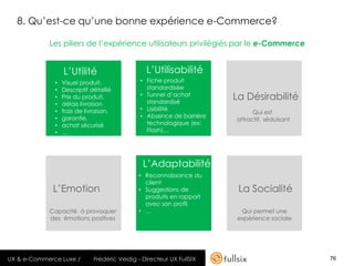 8. Qu’est-ce qu’une bonne expérience e-Commerce?

            Les piliers de l’expérience utilisateurs privilégiés par le e-Commerce


                  L’Utilité                      L’Utilisabilité
              •   Visuel produit,              • Fiche produit
              •   Descriptif détaillé            standardisée
              •   Prix du produit,             • Tunnel d’achat
                                                 standardisé
                                                                       La Désirabilité
              •   délais livraison
              •   frais de livraison,          • Lisibilité
                                                                             Qui est
              •   garantie,                    • Absence de barrière
                                                                       attractif, séduisant
              •   achat sécurisé                 technologique (ex:
              •   …                              Flash)…




                                                L’Adaptabilité
                                              • Reconnaissance du
                                                client
             L’Emotion                        • Suggestions de          La Socialité
                                                produits en rapport
                                                avec son profil
            Capacité à provoquer              • …                       Qui permet une
            des émotions positives                                     expérience sociale




UX & e-Commerce Luxe /        Frédéric Veidig - Directeur UX FullSIX                          76
 