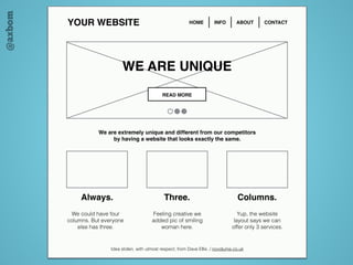 @axbom
YOUR WEBSITE HOME      INFO        ABOUT        CONTACT
WE ARE UNIQUE
READ MORE
We are extremely unique and different from our competitors
by having a website that looks exactly the same.
Always. Three. Columns.
We could have four
columns. But everyone
else has three.
Feeling creative we
added pic of smiling
woman here.
Yup, the website
layout says we can
offer only 3 services.
Idea stolen, with utmost respect, from Dave Ellis. / novolume.co.uk
 