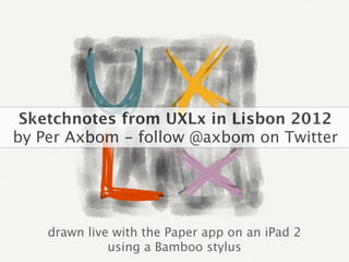 Sketchnotes from UXLx in Lisbon 2012
by Per Axbom - follow @axbom on Twitter




    drawn live with the Paper app on an iPad 2
              using a Bamboo stylus
 
