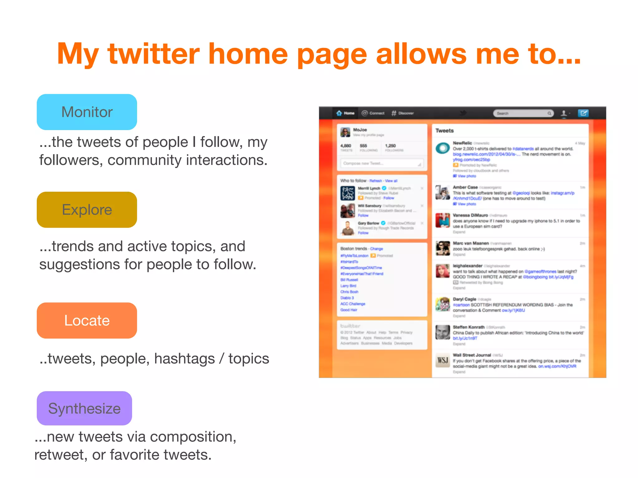 My twitter home page allows me to...
   Monitor

...the tweets of people I follow, my
followers, community interactions.


    Explore

...trends and active topics, and
suggestions for people to follow.


    Locate

..tweets, people, hashtags / topics


  Synthesize
...new tweets via composition,
retweet, or favorite tweets.
 