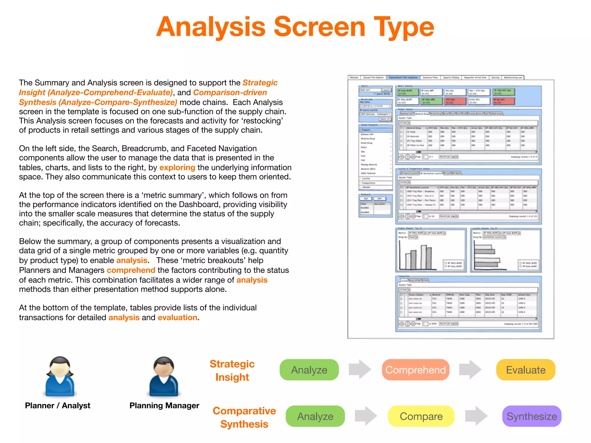 Analysis Screen Type
The Summary and Analysis screen is designed to support the Strategic
Insight (Analyze-Comprehend-Evaluate), and Comparison-driven
Synthesis (Analyze-Compare-Synthesize) mode chains. Each Analysis
screen in the template is focused on one sub-function of the supply chain.
This Analysis screen focuses on the forecasts and activity for ‘restocking’
of products in retail settings and various stages of the supply chain.

On the left side, the Search, Breadcrumb, and Faceted Navigation
components allow the user to manage the data that is presented in the
tables, charts, and lists to the right, by exploring the underlying information
space. They also communicate this context to users to keep them oriented.

At the top of the screen there is a ‘metric summary’, which follows on from
the performance indicators identiﬁed on the Dashboard, providing visibility
into the smaller scale measures that determine the status of the supply
chain; speciﬁcally, the accuracy of forecasts.

Below the summary, a group of components presents a visualization and
data grid of a single metric grouped by one or more variables (e.g. quantity
by product type) to enable analysis. These ‘metric breakouts’ help
Planners and Managers comprehend the factors contributing to the status
of each metric. This combination facilitates a wider range of analysis
methods than either presentation method supports alone.

At the bottom of the template, tables provide lists of the individual
transactions for detailed analysis and evaluation.




                                                       Strategic
                                                                               Analyze      Comprehend   Evaluate
                                                        Insight

 Planner / Analyst              Planning Manager
                                                        Comparative
                                                                                  Analyze     Compare    Synthesize
                                                         Synthesis
 