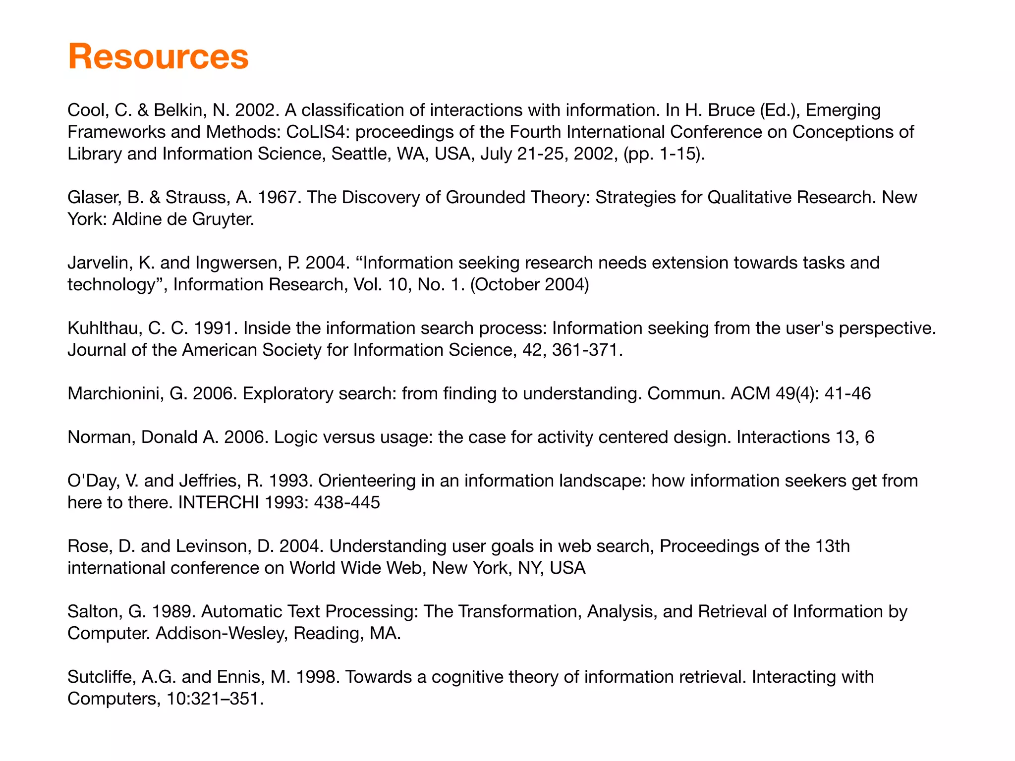 Resources
Cool, C. & Belkin, N. 2002. A classiﬁcation of interactions with information. In H. Bruce (Ed.), Emerging
Frameworks and Methods: CoLIS4: proceedings of the Fourth International Conference on Conceptions of
Library and Information Science, Seattle, WA, USA, July 21-25, 2002, (pp. 1-15).

Glaser, B. & Strauss, A. 1967. The Discovery of Grounded Theory: Strategies for Qualitative Research. New
York: Aldine de Gruyter.

Jarvelin, K. and Ingwersen, P. 2004. “Information seeking research needs extension towards tasks and
technology”, Information Research, Vol. 10, No. 1. (October 2004)

Kuhlthau, C. C. 1991. Inside the information search process: Information seeking from the user's perspective.
Journal of the American Society for Information Science, 42, 361-371.

Marchionini, G. 2006. Exploratory search: from ﬁnding to understanding. Commun. ACM 49(4): 41-46

Norman, Donald A. 2006. Logic versus usage: the case for activity centered design. Interactions 13, 6

O'Day, V. and Jeffries, R. 1993. Orienteering in an information landscape: how information seekers get from
here to there. INTERCHI 1993: 438-445

Rose, D. and Levinson, D. 2004. Understanding user goals in web search, Proceedings of the 13th
international conference on World Wide Web, New York, NY, USA

Salton, G. 1989. Automatic Text Processing: The Transformation, Analysis, and Retrieval of Information by
Computer. Addison-Wesley, Reading, MA.

Sutcliffe, A.G. and Ennis, M. 1998. Towards a cognitive theory of information retrieval. Interacting with
Computers, 10:321–351.
 