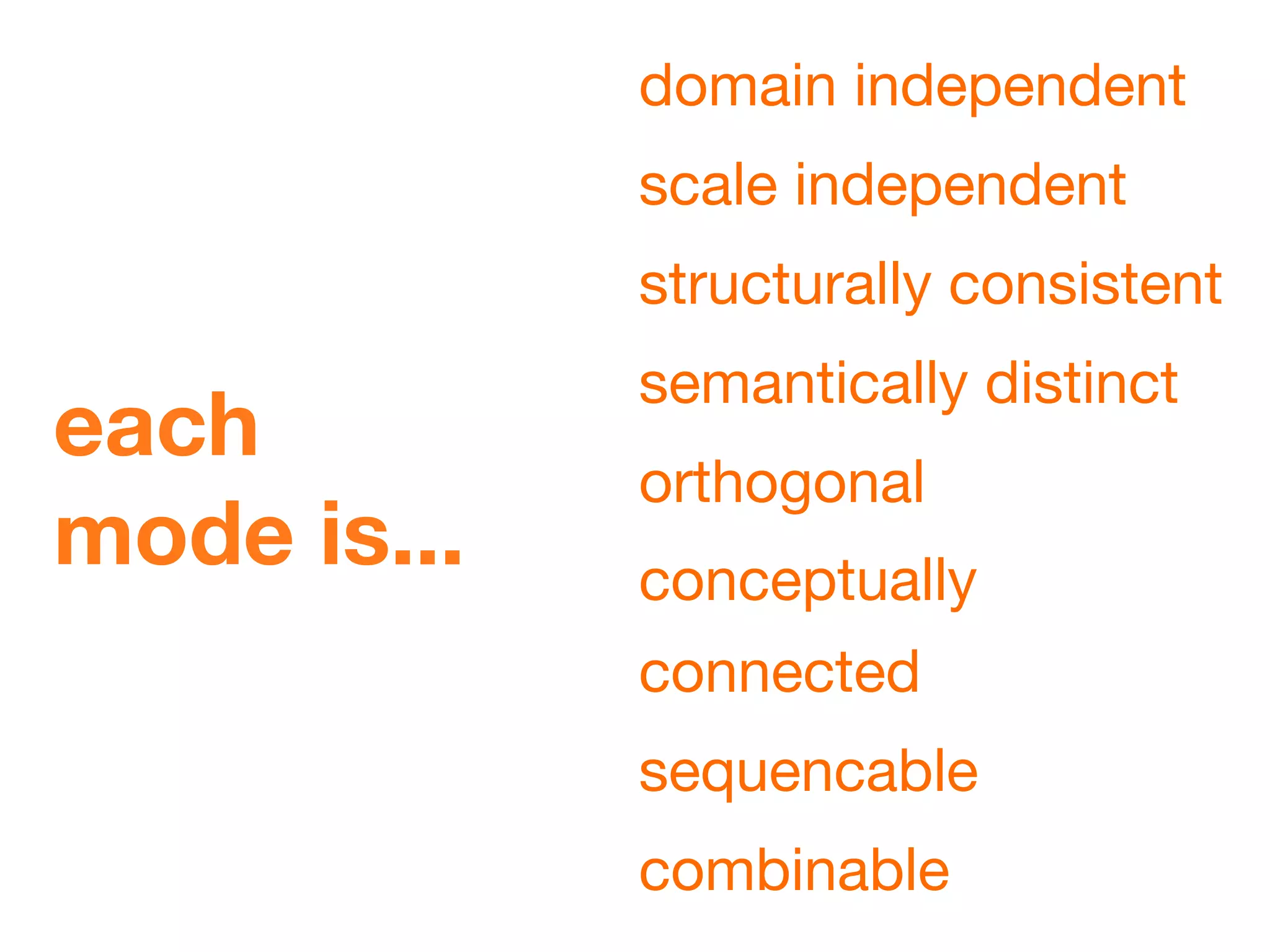 domain independent
             scale independent
             structurally consistent
             semantically distinct
each
             orthogonal
mode is...   conceptually
             connected
             sequencable
             combinable
 