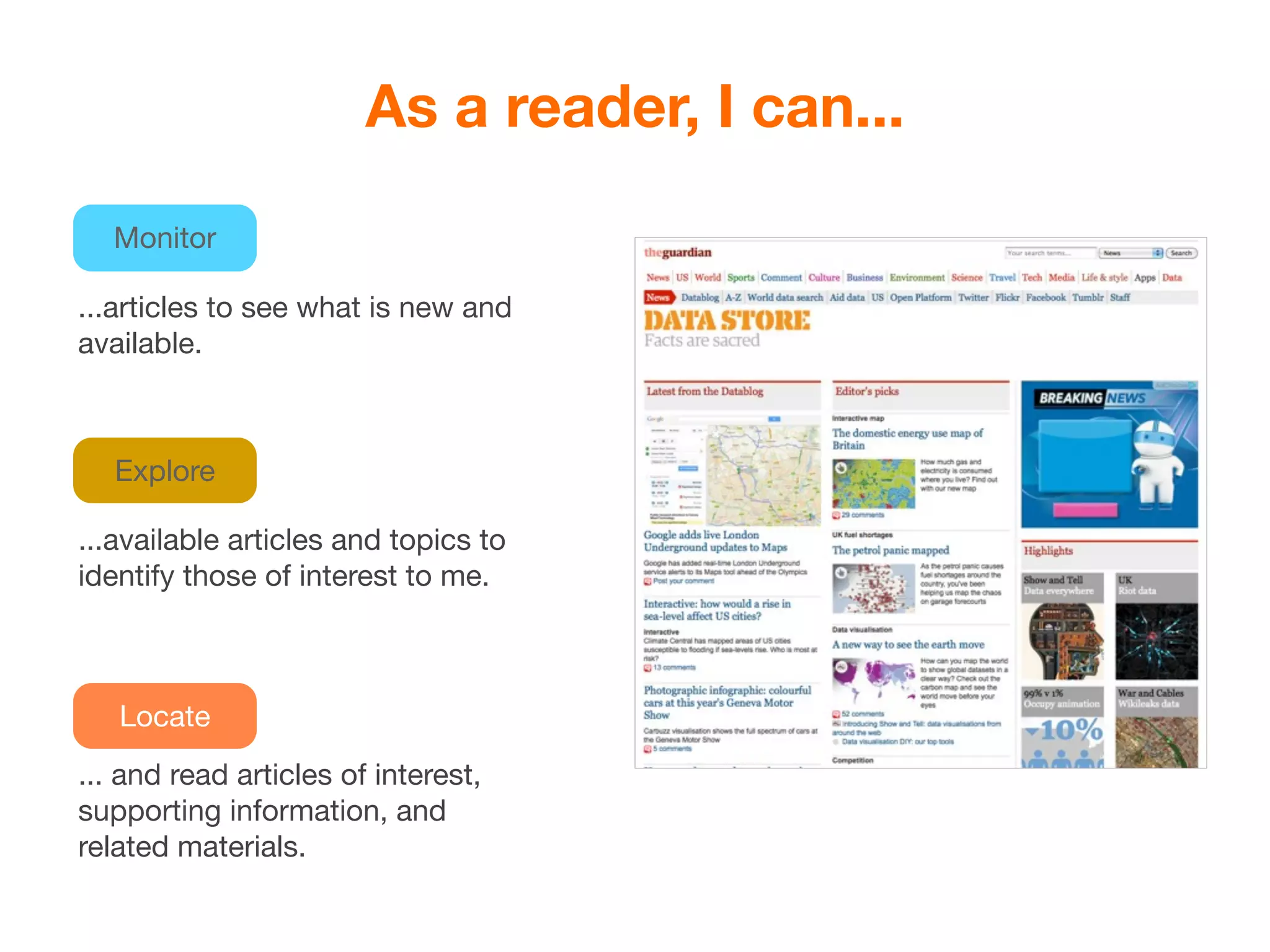 As a reader, I can...

  Monitor

...articles to see what is new and
available.



   Explore

...available articles and topics to
identify those of interest to me.



   Locate
... and read articles of interest,
supporting information, and
related materials.
 