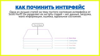 КАК ПОЧИНИТЬ ИНТЕРФЕЙС
Одна из лучших статей на тему пустого состояния интерфейса от
Scott Hurff. Он разделяет их на пять стадий – нет данных, загрузка,
мало информации, ошибка, идеальное состояние.
 
