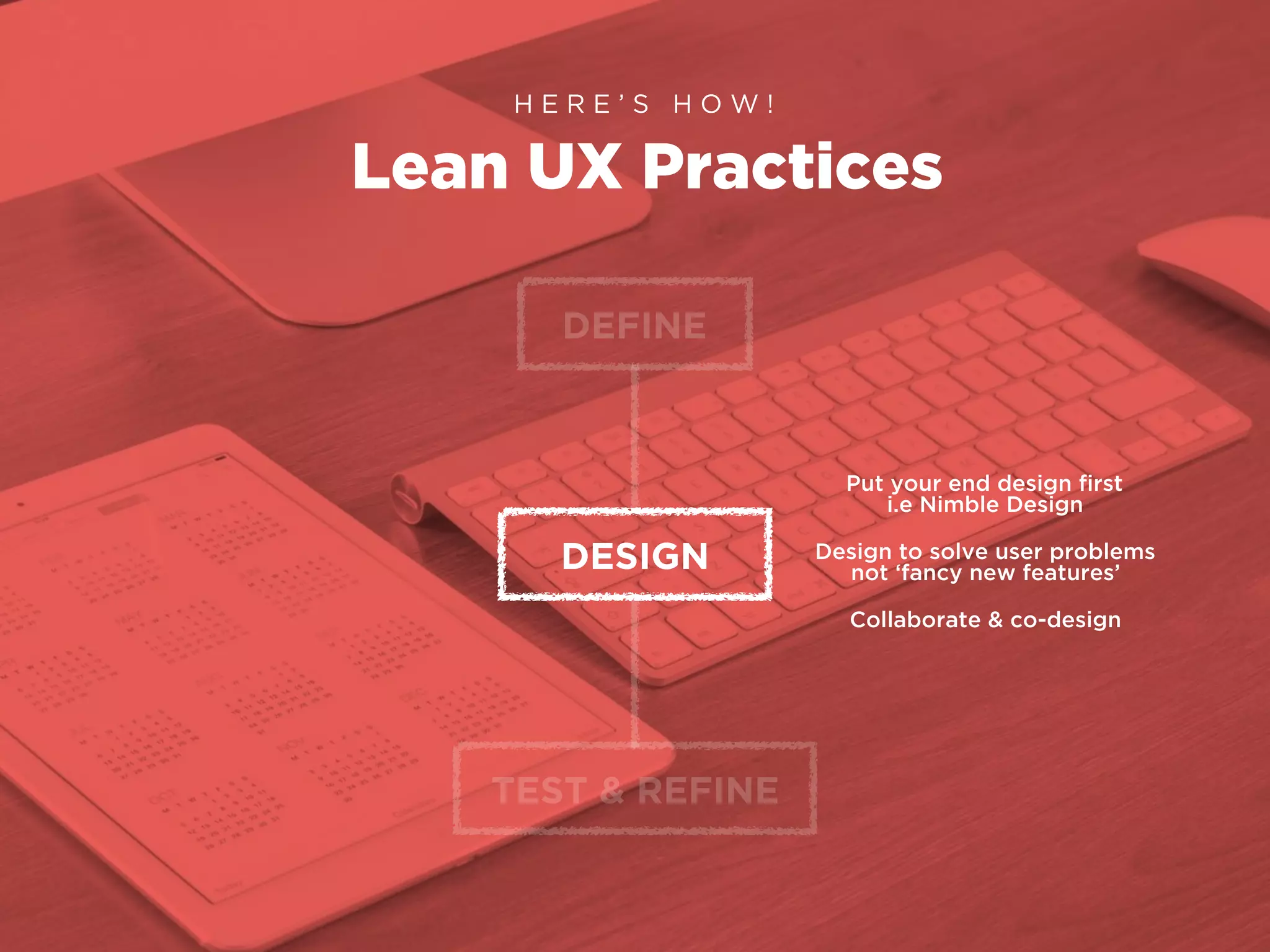 Lean UX Practices
H E R E ’ S H O W !
DEFINE
DESIGN
TEST & REFINE
Put your end design ﬁrst
i.e Nimble Design
Design to solve user problems
not ‘fancy new features’
Collaborate & co-design
 