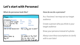 Let’s start with Personas!
What do personas look like? How do we do a persona?
As a ‘business’ we map out our target
audience
Create a person who you think is your
target audience
Draw your persona instead of a photo
Always save these assumptions to clarify
with a user later!
 