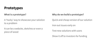 Prototypes
What is a prototype?
A ‘hacky’ way to showcase your solution
to a problem
It can be a website, sketches or even a
piece of wood
Why do we build a prototype?
Quick and cheap version of our solution
Iron out issues early on
Test new solutions with users
Show it off to investors for funding
 