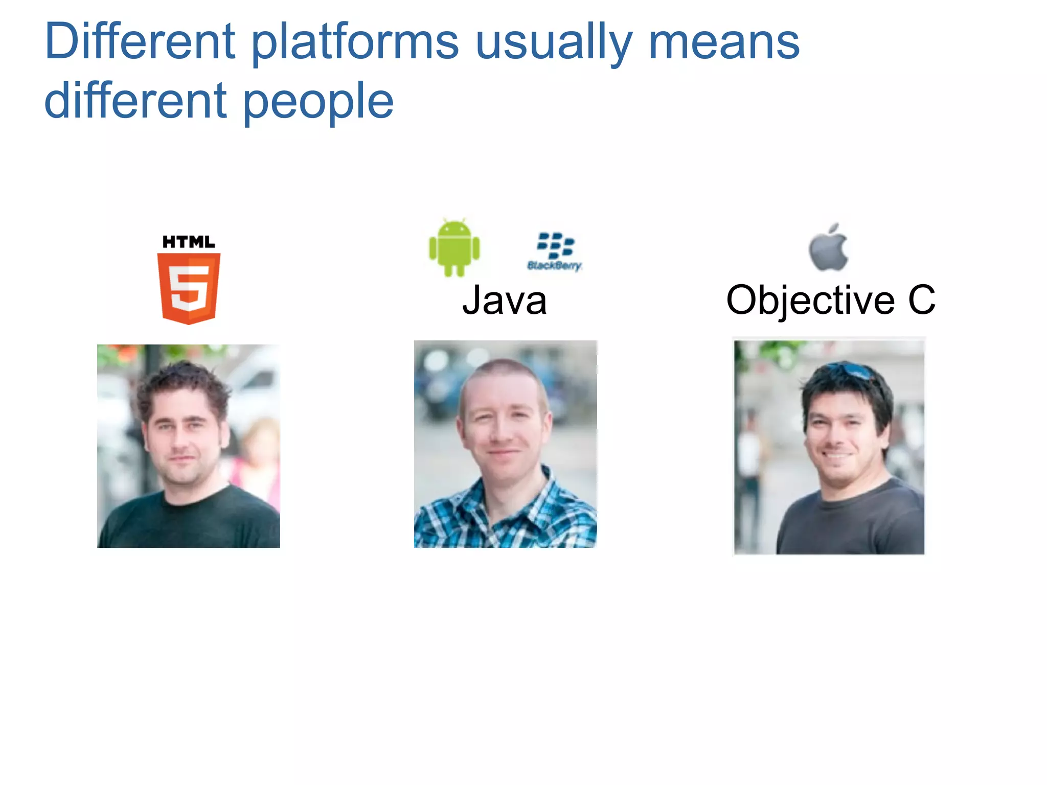 Different platforms usually means
different people


                  Java       Objective C
 