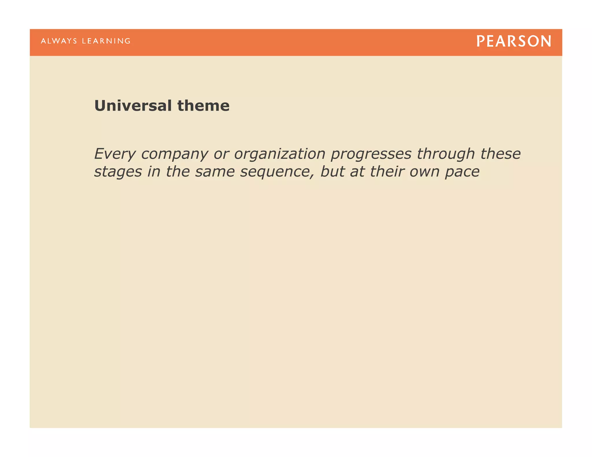 Universal theme


Every company or organization progresses through these
stages in the same sequence, but at their own pace
 
