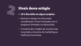 Sinais desse estágio
2 • UX é discutido em alguns projetos.
• Revisam o design em discussões
consideráveis. Ficam frustrados com o
progresso limitado e os desacordos.
• A maioria dos insights de usuários são
resumidos a insumos de marketing ou
melhorias funcionais.
 