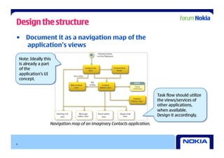 Design the structure
•  Document it as a navigation map of the
   application’s views

    Note: Ideally this
    is already a part
    of the
    application’s UI
    concept.


                                                                            Task flow should utilize
                                                                            the views/services of
                                                                            other applications,
                                                                            when available.
                                                                            Design it accordingly.

                     Navigation map of an imaginary Contacts application.



6
 