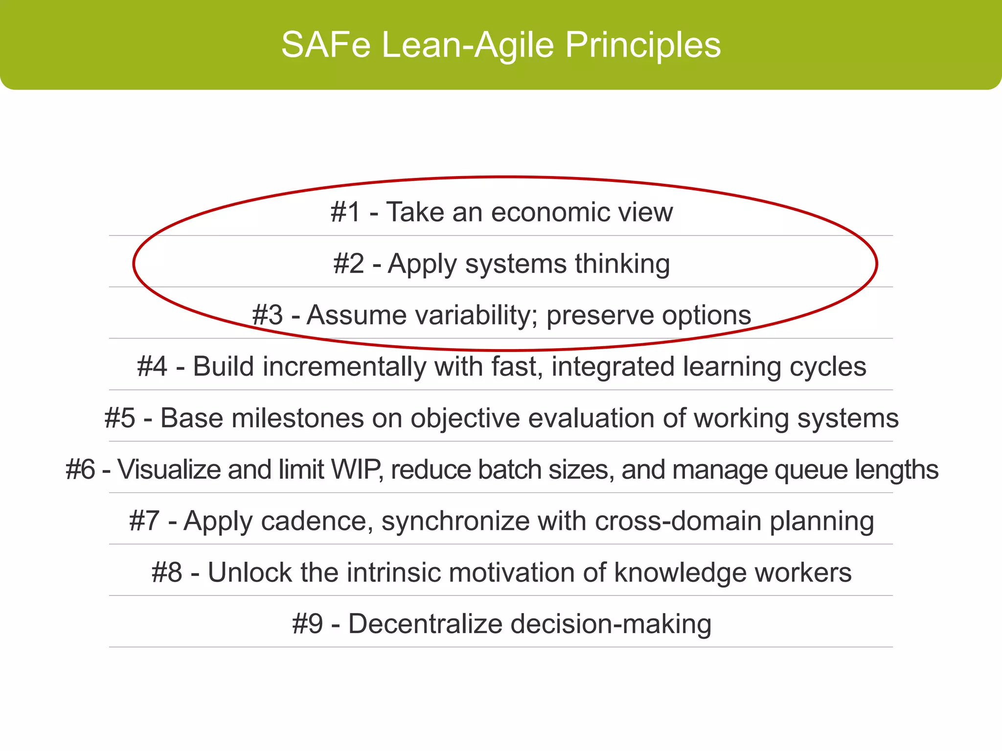 SAFe Lean-Agile Principles
#1 - Take an economic view
#2 - Apply systems thinking
#3 - Assume variability; preserve options
#4 - Build incrementally with fast, integrated learning cycles
#5 - Base milestones on objective evaluation of working systems
#6 - Visualize and limit WIP, reduce batch sizes, and manage queue lengths
#7 - Apply cadence, synchronize with cross-domain planning
#8 - Unlock the intrinsic motivation of knowledge workers
#9 - Decentralize decision-making
 