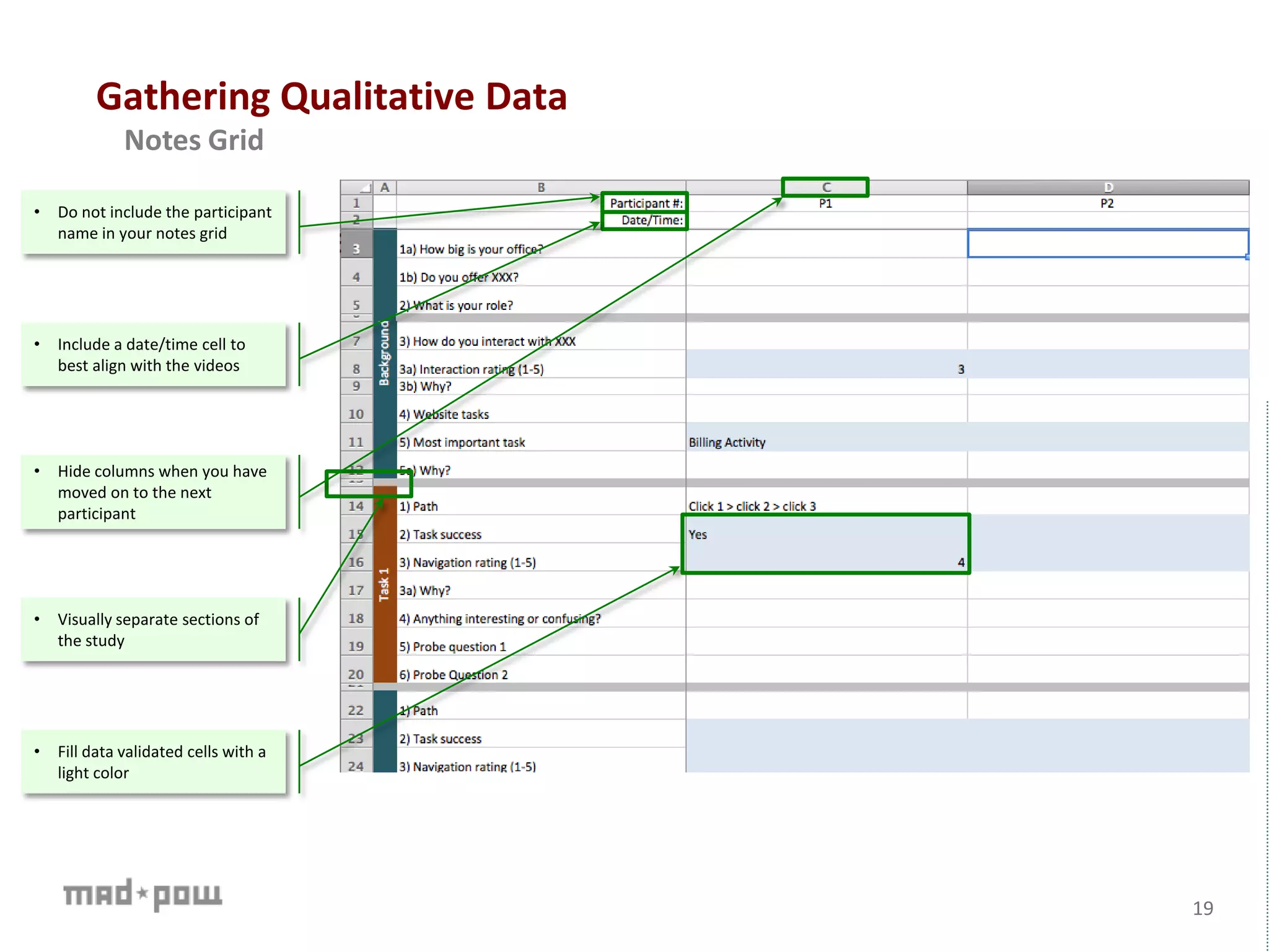 19
• Do not include the participant
name in your notes grid
• Include a date/time cell to
best align with the videos
• Visually separate sections of
the study
• Fill data validated cells with a
light color
• Hide columns when you have
moved on to the next
participant
Gathering Qualitative Data
Notes Grid
 