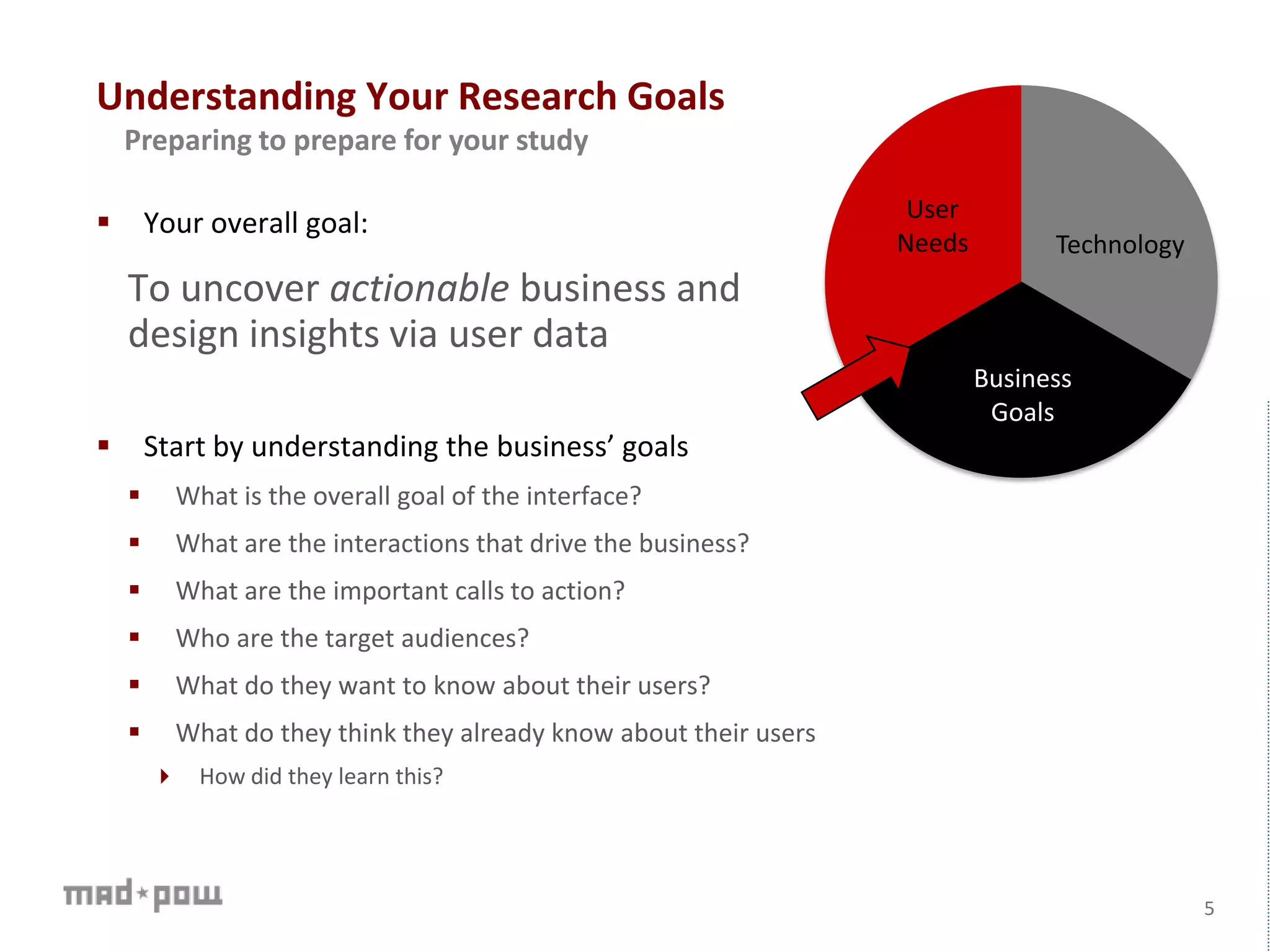 Understanding Your Research Goals
5
Preparing to prepare for your study
Technology
User
Needs
Business
Goals
 Your overall goal:
To uncover actionable business and
design insights via user data
 Start by understanding the business’ goals
 What is the overall goal of the interface?
 What are the interactions that drive the business?
 What are the important calls to action?
 Who are the target audiences?
 What do they want to know about their users?
 What do they think they already know about their users
 How did they learn this?
 