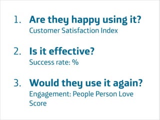1. Are they happy using it?
Customer Satisfaction Index
!

2. Is it effective?
Success rate: %
!

3. Would they use it again?
Engagement: People Person Love
Score
Área
Área
Company Name
Company Name

!

!17

 