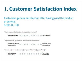 1. Customer Satisfaction Index
Customers general satisfaction after having used the product
or service.
Scale: 0- 100
!
!
!

Área
Área
Company Name
Company Name

!19

 