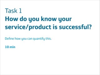 Task 1
How do you know your
service/product is successful?
Deﬁne how you can quantify this.
!

10 min
!
!
!
!
!
Área
Área
Company Name
Company Name

!30

 
