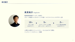 3
自己紹介
高見祐介 @aghome
電通国際情報サービス（ISID）
グループ経営コンサルティング4部 / エクスペリエンスデザイン部
デザイン制作
G/Wデザイナー
10年
ホスティング/サービス事業
Wディレクター、UIデザイナー
5年
システム開発/販売事業
UX/UIデザイナー
2年∼
人間中心設計スペシャリスト / さとなおラボ 3期生
トレラン / ソロキャン / 漫画
 