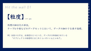 【粒度】
処理の細分化の単位。
テーブルや表などのデータセットにおいて、データの細かさを表す指標。
例）会員マスタは、会員IDひとつにつき、データが1件格納されている
  「オブジェクトの粒度的にはこれくらいがいいんじゃね？」
Hit the wall 01
⼀
出所：gixo
 