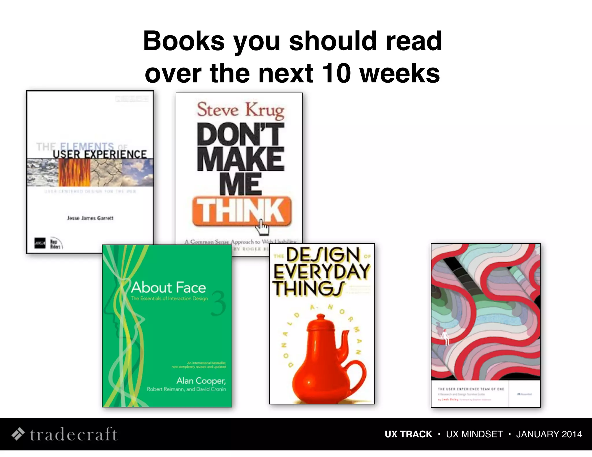 Books you should read
over the next 10 weeks

UX TRACK • UX MINDSET • JANUARY 2014

 