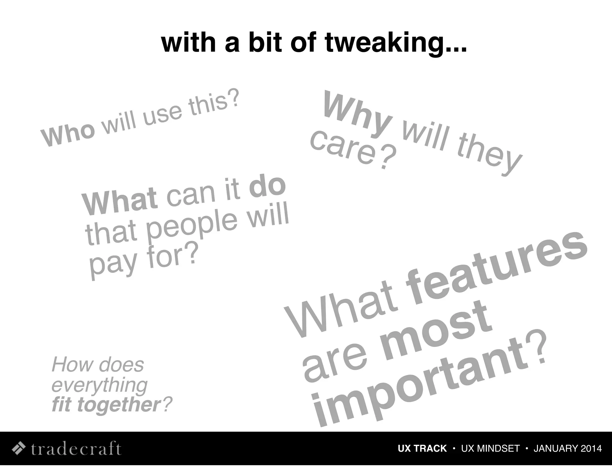 with a bit of tweaking...
will
Who

this?
use

an it do
What c le will
at peop
th
ay for?
p
How does
everything
ﬁt together?

Why
care will the
?
y

es
ur
at
fe
at st
h o
W m
t?
e
ar ortan
p
im
UX TRACK • UX MINDSET • JANUARY 2014

 