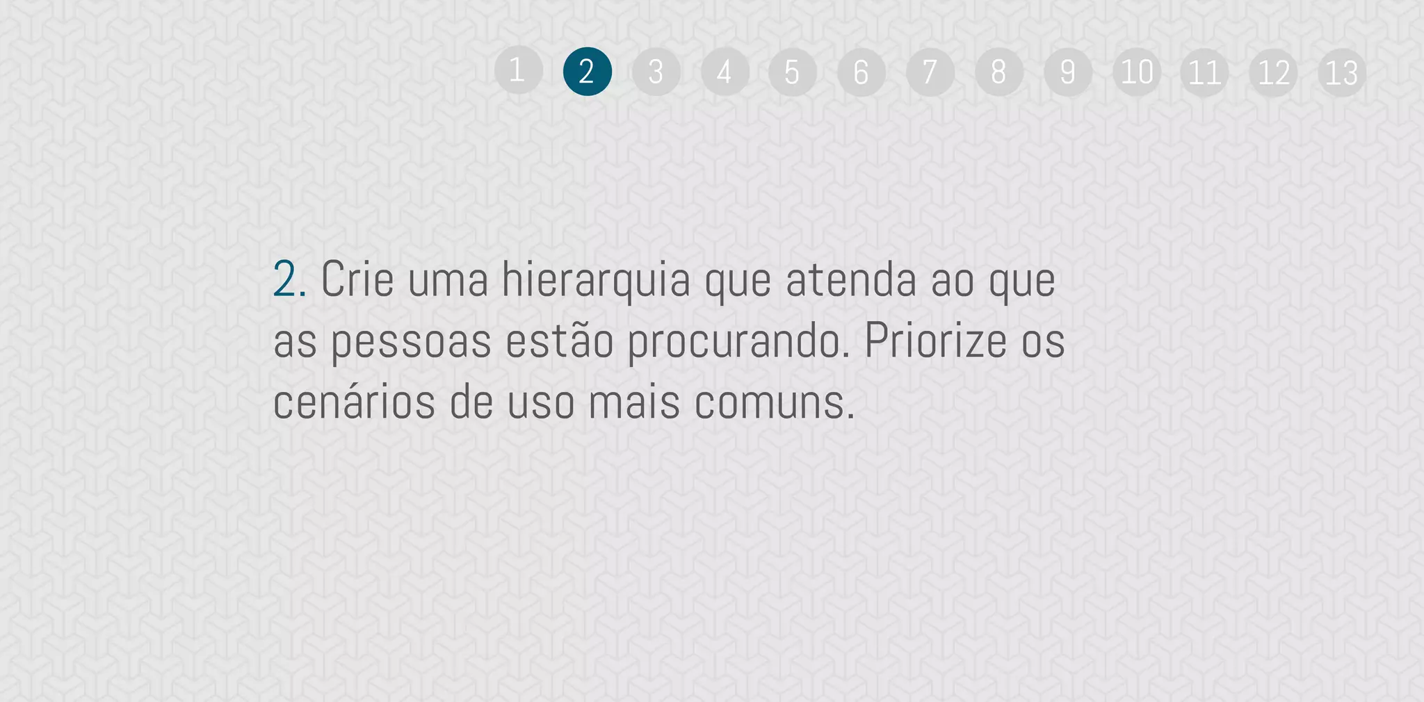 2. Crie uma hierarquia que atenda ao que
as pessoas estão procurando. Priorize os
cenários de uso mais comuns.
1 2 3 4 5 6 7 8 9 10 11 12 13
 