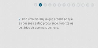 2. Crie uma hierarquia que atenda ao que
as pessoas estão procurando. Priorize os
cenários de uso mais comuns.
1 2 3 4 5 6 7 8 9 10 11 12 13
 